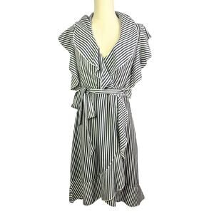 Elizabeth Crosby Blue Striped Wrap Dress Large ruffle nautical casual midi